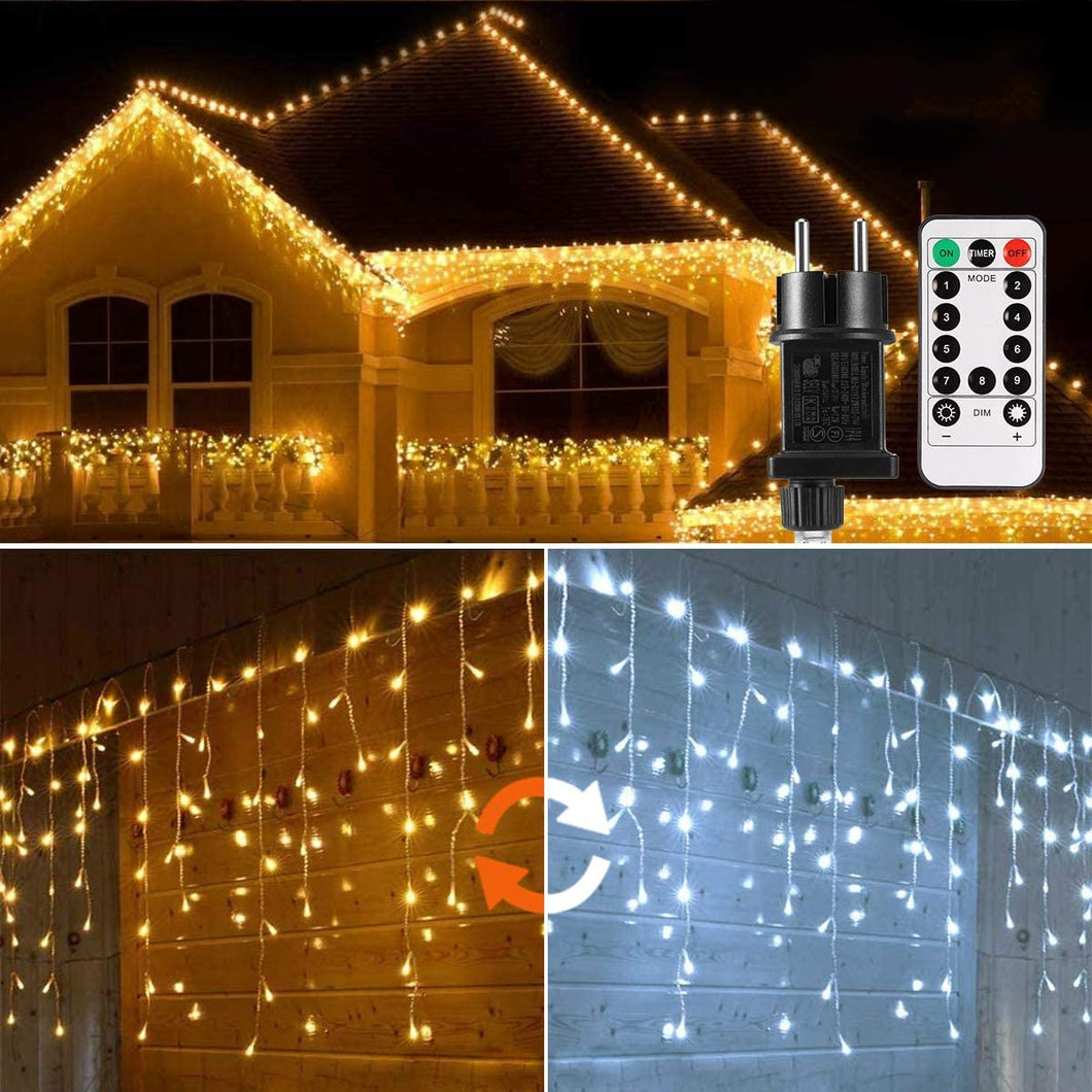 Cascata di Luci ECOWHO 440 LED Tenda Luminosa Bianco Caldo e Bianco Freddo,12x0,8m Luci di Natale 9 Modalità con telecomando, Catena Luminosa esterno per Natale patio Giardino Matrimonio
