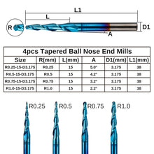 Carica l'immagine nel visualizzatore di Gallery, Genmitsu 4 fresa a punta conica a sfera a 2 taglienti in carburo di tungsteno solido con Nano Blue Coat, R0,25-1,0, gambo da 1/8", TB04-W01