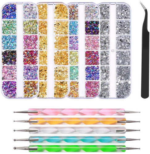 FOCCTS 4300Pezzi Kit di Strass Brillantini Per Nail Art con 6 Raccogli Le Pinzette Multicolore Borchie per Unghie Strass di Cavallo Occhio per Forniture per Decorazioni per Unghie