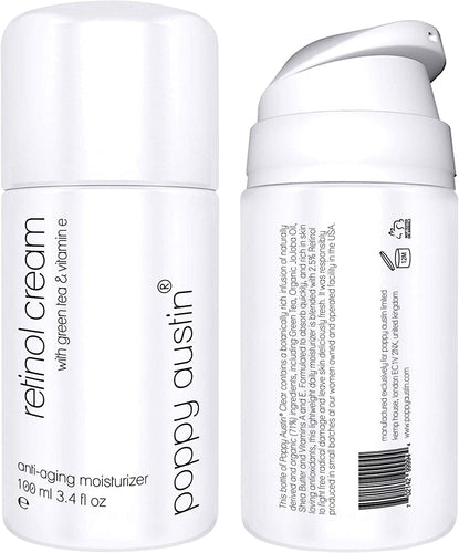 Poppy Austin Miglior Crema al Retinolo per Giorno e Notte - Gigante Flacone da 100ml - Crema Idratante Anti-Invecchiamento per il Viso con Vitamina E, Tè Verde, Burro di Karité & il 2.5% di Retinolo