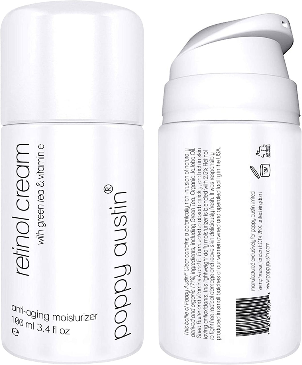 Poppy Austin Miglior Crema al Retinolo per Giorno e Notte - Gigante Flacone da 100ml - Crema Idratante Anti-Invecchiamento per il Viso con Vitamina E, Tè Verde, Burro di Karité & il 2.5% di Retinolo