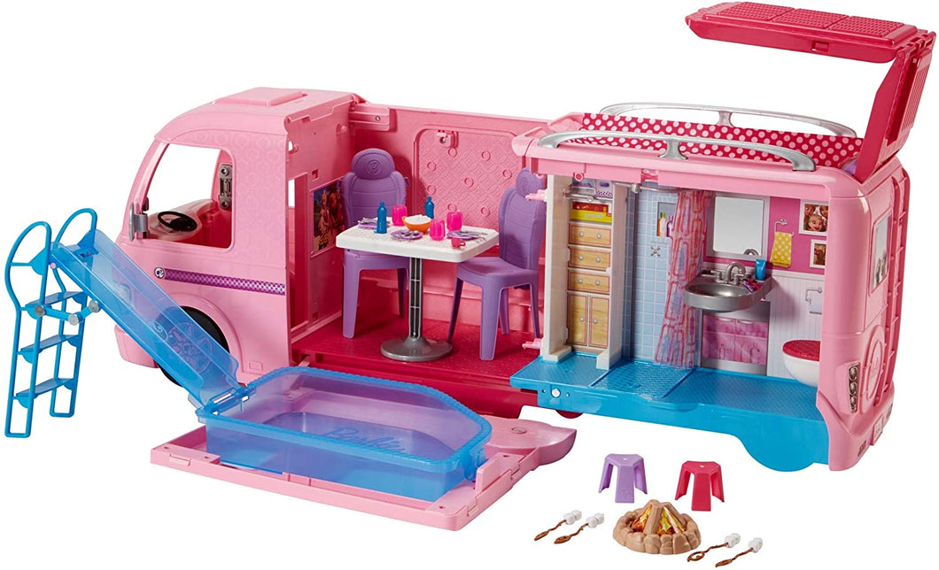 Barbie FBR34 Camper dei Sogni per Bambole con Piscina, Bagno, Cucina e Tanti Accessori, Giocattolo per Bambini 3 + Anni,