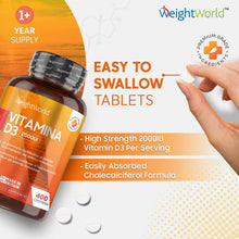 Carica l'immagine nel visualizzatore di Gallery, Vitamina D3 Alto Dosaggio - Vitamina D3 2000 ui da 400 Compresse - Integratore Vitamina D per 1+ Anno - La Vitamina D Contribuisce al Normale Funzionamento del Sistema Immunitario - Vitamina D Pura