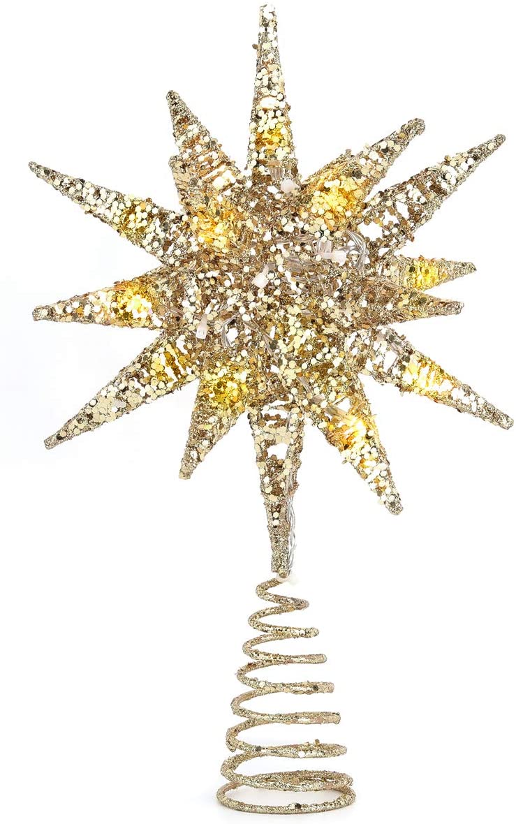 Luxspire Punte Albero di Natale, Puntale per Albero di Natale, a Forma di Albero con Glitter, Accessori per Albero di Natale, a 2 AA Batterie, Decorazione per Natale Festa Casa, Champagne Oro