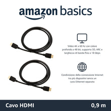 Carica l'immagine nel visualizzatore di Gallery, Amazon Basics Cavo Ultra HD HDMI 2.0 ad alta velocità, formati 3D supportati, con Audio Return Channel, 0,9 m, Nero
