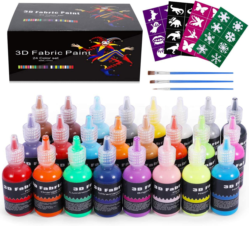 Gifort Colori per Tessuti Permanenti 3D, Set di 24 Colori x 30ml, Colori per Pittura per Bambini e Adulti, Colori Fluorescenti Metallizzati per Stoffe Magliette Vetro Legno