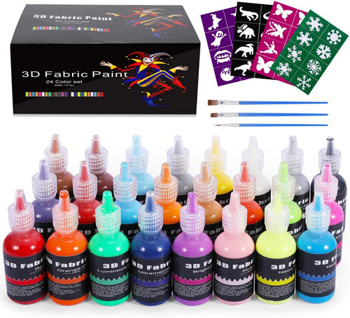 Gifort Colori per Tessuti Permanenti 3D, Set di 24 Colori x 30ml, Colori per Pittura per Bambini e Adulti, Colori Fluorescenti Metallizzati per Stoffe Magliette Vetro Legno
