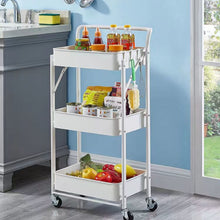 Carica l'immagine nel visualizzatore di Gallery, Carrello Cucina Pieghevole Multiuso con Manico 3 Ripiani Cestelli 4 Ruote girevoli e Freno Integrato in Metallo Trolley Salvaspazio da Servizio Bianco