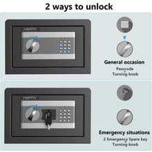 Carica l'immagine nel visualizzatore di Gallery, HAPFIY Cassaforte a mobile 8,6L, Cassaforte a muro Elettronica Sicurezza con 2 emergenza Chiave e Codici Allarme incorporato, Armadi di Sicurezza per documenti per ufficio a casa 31×20×20cm Nero