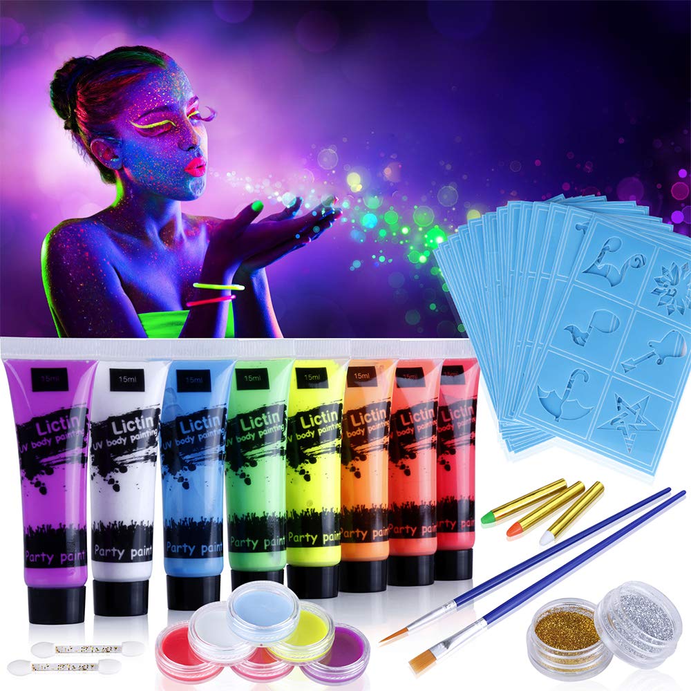 Lictin Vernice Fluorescente Colorato,Neon Kit per Pelle Viso Corpo,Flu –