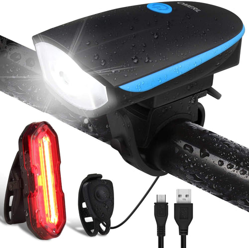 OMERIL Luci Bicicletta LED Ricaricabili USB con Clacson, Luce Bici Anteriore e Posteriore Super Luminoso Luce Bici LED per Bici Strada e Montagna- Sicurezza per Notte