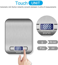 Carica l'immagine nel visualizzatore di Gallery, Eono by Amazon - Bilancia digitale da cucina, in acciaio inossidabile, pesa in grammi e once, 5 kg / 1 g, garanzia 15 anni 5KG/1g