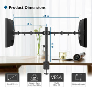 BONTEC Supporto Doppio Monitor per Schermo LED LCD da 13 a 27 Pollici, Ergonomica Inclinazione e Rotazione Braccio Monitor Scrivania con Morsetto, Dimensioni VESA: 75x75-100x100 mm