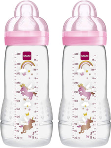 Mam Easy Active, Set di 2 Biberon con Tettarella Misura 3 (Flusso Rapido), 4+ Mesi, 330 Ml, Trasparente e rosa