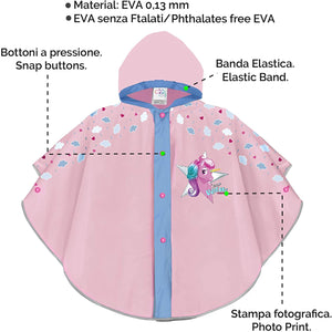 PERLETTI Mantellina Pioggia Bambina Unicorno Rosa - Poncho Antipioggia Baby Unicorn con Cappuccio e Bottoni - Kway Bimba per Bambine con Nuvolette - Impermeabile Taglia 3 4 5 6 Anni Rosa 3-6 anni