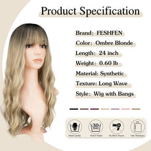 Carica l'immagine nel visualizzatore di Gallery, FESHFEN Parrucca Ondulato con Frangia, 60 cm Parrucche Lunga Frangia Ombre Bionde Donna Sintetico Parrucca Capelli Lunghi Ricci Parrucca Donna Capelli Frangia Uso Quotidiano Festa
