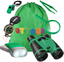 Carica l'immagine nel visualizzatore di Gallery, UTTORA Set di Binocolo per Bambini, 7 in 1 Giocattoli per Avventurose Esplorazioni della Natura, Binocolo, Torcia a LED Portatile, Bussola, Lente d'Ingrandimento, Fischietto, Zaino da Collezione