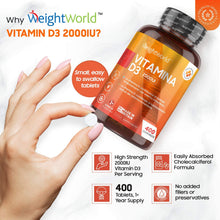 Carica l&#39;immagine nel visualizzatore di Gallery, VITAMINA D3 - Vit D3 ad Alto Dosaggio 2000ui - 400 Compresse Vegetali (Più di un Anno di Fornitura) - Contribuisce al Normale Funzionamento del Sistema Immunitario - Per Vegetariani - WeightWorld