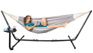 VITA5 Amaca per Due in Cotone con Supporto, Porta-Bicchiere e Blu/Bianco - Ilgrandebazar