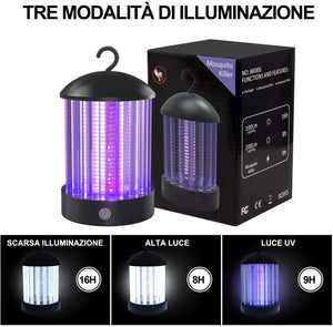 QcoQce Zanzariera Elettrica USB Ricaricabile, IP66 Impermeabile UV Lampada Antizanzare, 3W Trappola Zanzare con 1800mAh, 3 Luminosit¨¤ di LED Luce per Casa Ufficio Patio Cucina (BK006-B)
