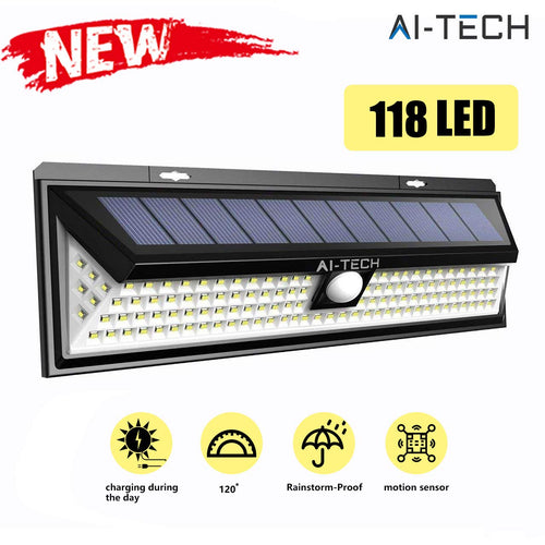 Luce Solare Esterno AITECH Lampada 118 Led con Sensore 1 Pezzo - Ilgrandebazar