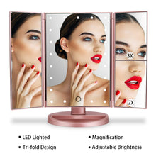 Carica l'immagine nel visualizzatore di Gallery, deweisn Specchio Trucco con 21 LEDs, Specchio di Vanity Trifold Ruota di 180° Ingrandimento 1x / 2X / 3X Specchio per Il con Touchscreen per Il Trucco e la Cura della Pelle (Oro Rosa)