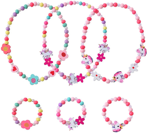 Herefun 6 Pezzi Gioielli Bambina Collana Braccialetti, Collana Braccialetti Amicizia Bambini Bracciale, Collana e Braccialetti Set Principessa Perline in Legno Regalo Festa Compleanno per Bambina