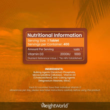 Carica l&#39;immagine nel visualizzatore di Gallery, VITAMINA D3 - Vit D3 ad Alto Dosaggio 2000ui - 400 Compresse Vegetali (Più di un Anno di Fornitura) - Contribuisce al Normale Funzionamento del Sistema Immunitario - Per Vegetariani - WeightWorld