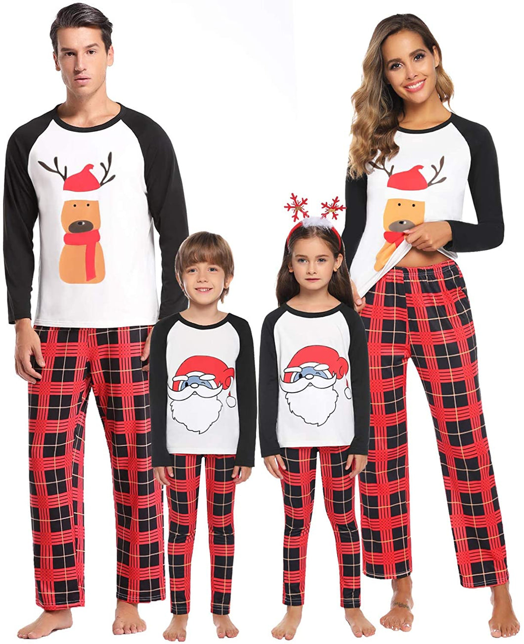 Sykooria Set Pigiama di Famiglia di Natale, Completo da Notte in 100% Cotone con Stampa di Renne, con Maniche Lunghe e Pantaloni Scozzesi, Pigiama in Due Pezzi per Bambini Mamma papà