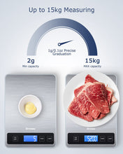 Carica l&#39;immagine nel visualizzatore di Gallery, Drcowu Bilancia Cucina Digitale, 15kg Bilancia da Cucina Professionale con Funzione Tare, Grande Display LCD, Alta Precisione 1g/0,1oz Pesa Alimenti, Facile da Leggere e da Usare, Argento