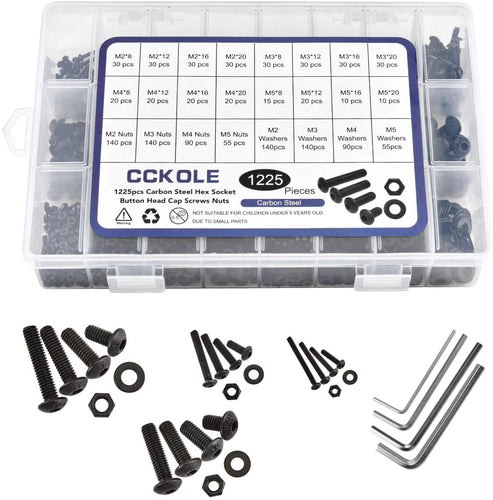 CCKOLE Set Viti e Dadi, Set Dadi e Bulloni M2 M3 M4 M5 Acciaio Carbonio, Assortimento Rondelle Vite Testa Bottone Esagonale Nero con Scatola (1225Pz)