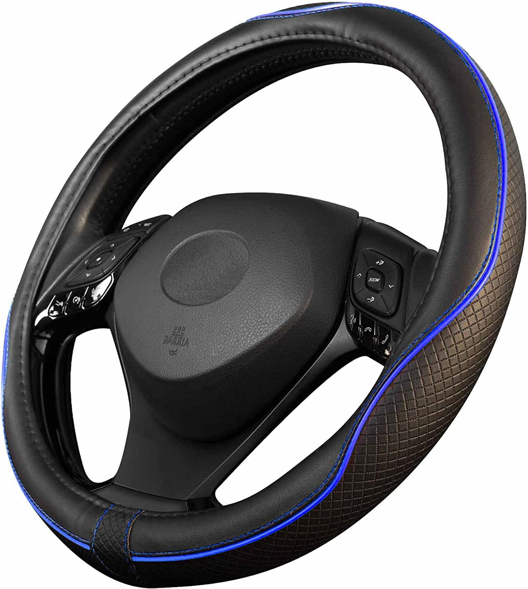 CGEAMDY Coprivolante Auto In Pelle Microfibra, Universale 38 Cm, Antiscivolo Bicolore (Nero/Blu), Traspirante