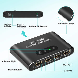 HDMI Switch, Techole Alluminio Splitter 3 In 1 Uscita con Telecomando,... - Ilgrandebazar