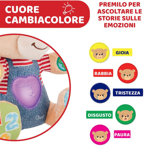 Chicco Teddy Orso delle Emozioni, Peluche Evolutivo Interattivo Bilingue Italiano/Inglese, Gioco Educativo con Emozioni, Numeri e Lettere, Pupazzo con Luci e Canzoni - Giochi Bambini 6 Mesi - 5 Anni