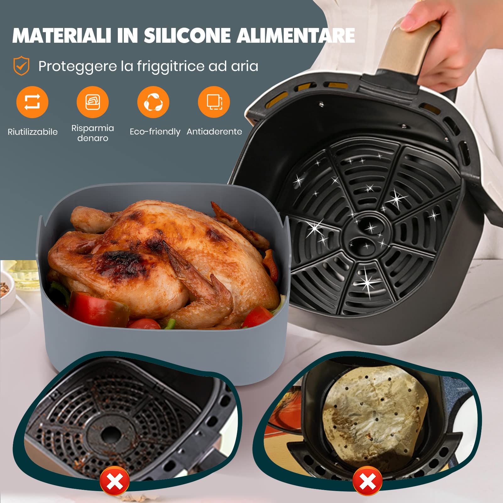 Bestomrogh 3 PCS Cestino per Friggitrice ad Aria in Silicone, Pentola Bestomrogh 3 PCS Cestino per Friggitrice ad Aria in Silicone, Pentola