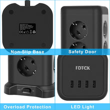 Carica l'immagine nel visualizzatore di Gallery, FDTEK Multipresa Verticale，Ciabatta Multipresa Con 12 Prese e 4 Porte USB， Torretta Multipresa Elettrica Con Protezione da Sovraccarico，Cavo da 2 m，Adatto per casa e ufficio，4000W / 16A