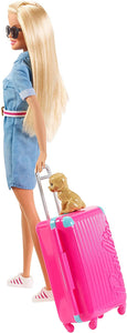 Barbie in Viaggio, Bambola Bionda con Cucciolo, Valigia che si Apre, Adesivi e Accessori, Giocattolo per Bambini 3 + Anni, FWV25