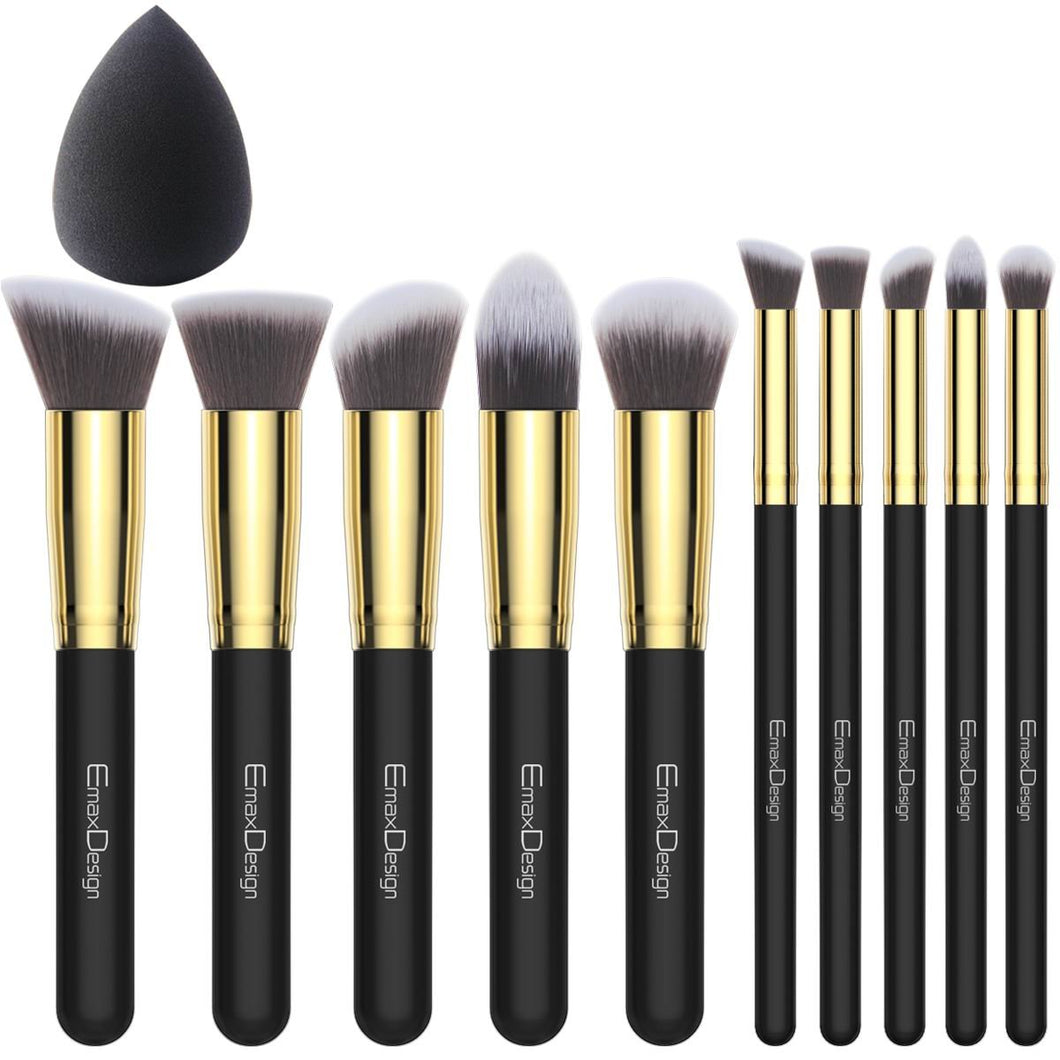 EmaxDesign - Set di pennelli per trucchi, 10 pezzi fondotinta, oro nero - Ilgrandebazar