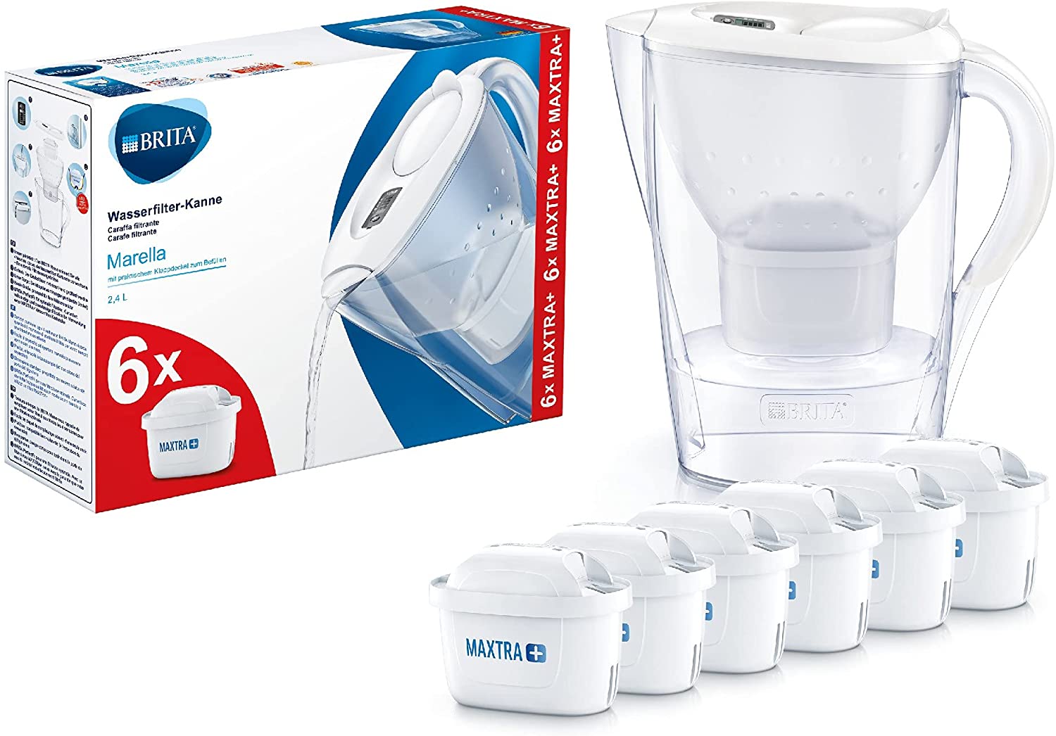 Brita Marella - Caraffa Filtrante per Acqua, 2.4 Litri, 6 Filtri Maxtr –