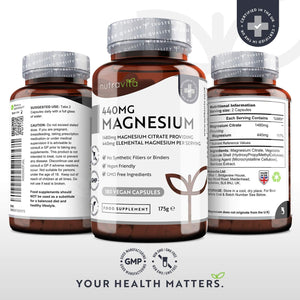 Magnesio Citrato 1480mg con 440mg di Magnesio Puro Elementare per Dose - 180 Capsule Vegane - Fornitura da 90 Giorni - Integratore di Magnesio Prodotto nel Regno Unito da Nutravita
