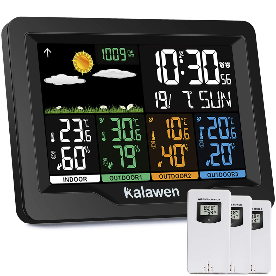 Kalawen Stazione Meteo Meterologica Digitale con 3 Sensore Esterno Nero - Ilgrandebazar