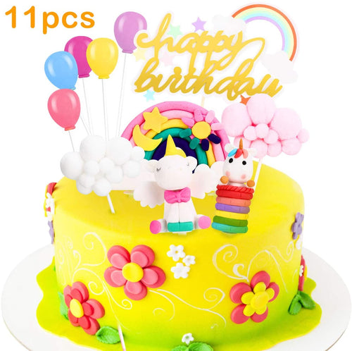 Familybox Decorazione Torta Unicorno, Unicorn Cake Topper Nuvola Arcobaleno Palloncino Buon Compleanno Banner Decorazione Torta per Ragazzi Ragazze Bambini Compleanno 11 Pezzi