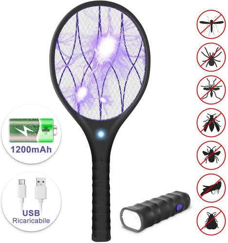 YISSVIC Racchetta Zanzare Elettrica, 1200 mAh Ricarica USB, 3800 Volt con Torcia Rimovibile, Illuminazione a LED, Protezione Maglia a Doppio Strato, Adatto per Casa Giardino Campeggio BBQ Picnic