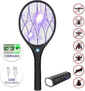 YISSVIC Racchetta Zanzare Elettrica, 1200 mAh Ricarica USB, 3800 Volt con Torcia Rimovibile, Illuminazione a LED, Protezione Maglia a Doppio Strato, Adatto per Casa Giardino Campeggio BBQ Picnic
