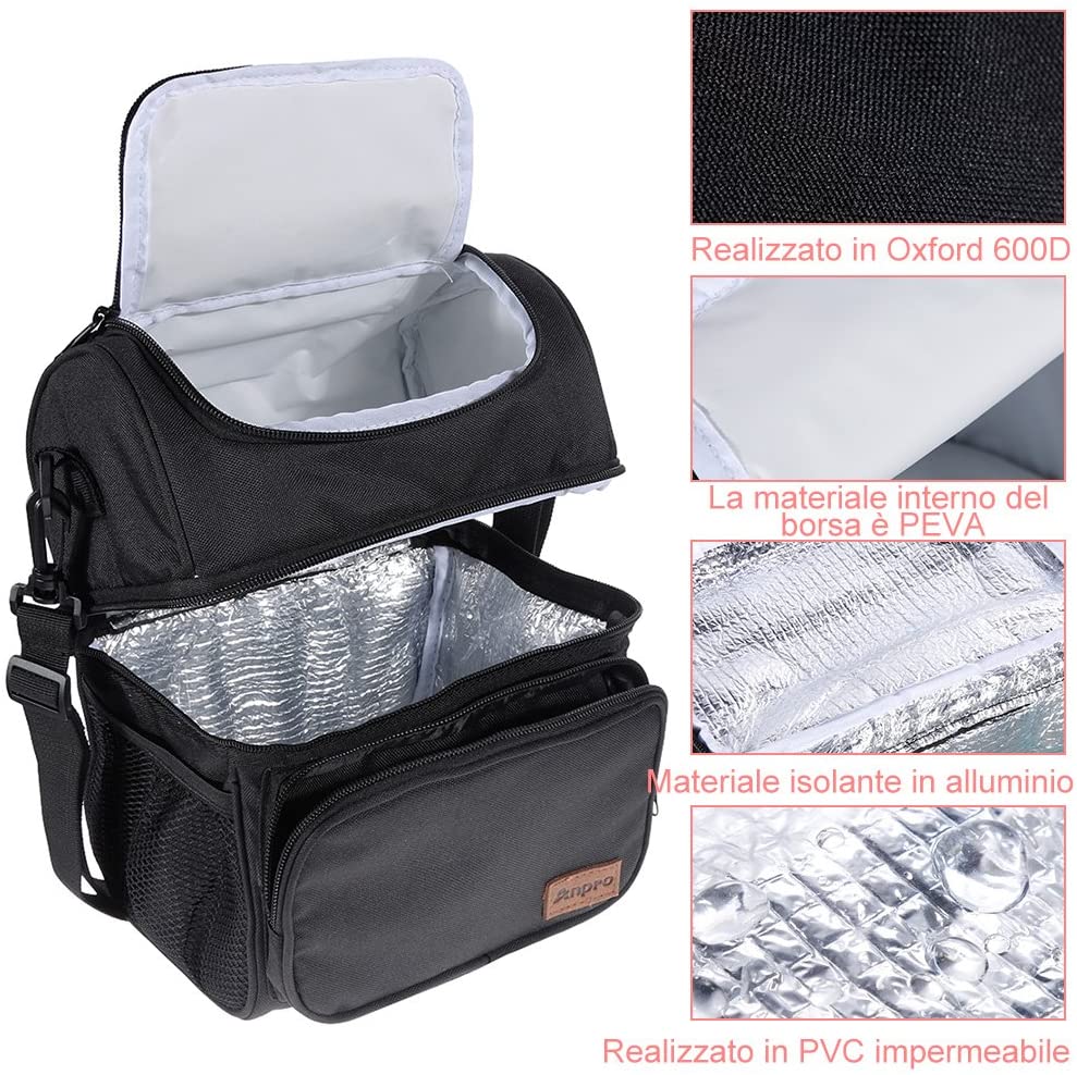 Borsa Termica Pranzo Isolante - Impermeabile, Tasca Laterale, Per Ufficio/Scuola/Picnic - Nero - Foto 4