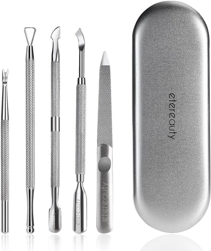 ETEREAUTY Spingi Cuticole 5 Pezzi in Acciaio Inox Cuticole Unghie Rimuovi per Rimuovere Pelle Morta, Nail Art, Pedicure e Manicure
