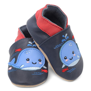 Dotty Fish Scarpine in Pelle Prima Infanzia. Scarpe Bimbi per Primi Passi con Suola Scamosciata. Balena Blu Navy. 12-18 Mesi (21 EU)