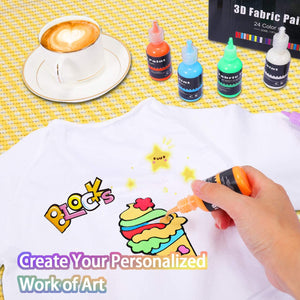 Gifort Colori per Tessuti Permanenti 3D, Set di 24 Colori x 30ml, Colori per Pittura per Bambini e Adulti, Colori Fluorescenti Metallizzati per Stoffe Magliette Vetro Legno