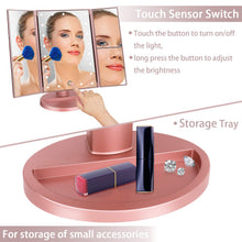 Carica l'immagine nel visualizzatore di Gallery, deweisn Specchio Trucco con 21 LEDs, Specchio di Vanity Trifold Ruota di 180° Ingrandimento 1x / 2X / 3X Specchio per Il con Touchscreen per Il Trucco e la Cura della Pelle (Oro Rosa)