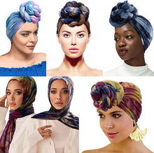Carica l'immagine nel visualizzatore di Gallery, DRESHOW 5 Pezzi Donne Africana Turbante Sciarpa Avvolge Testa Boho Turbante Elastico Annodato Berretto Pre-annodato Berretto Chemio Cappello 1pcs (Navy Blue+burgundy)